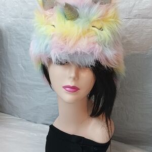 Unbranded Pastel Rainbow Faux Fur Unicorn Hat with Gold Horn